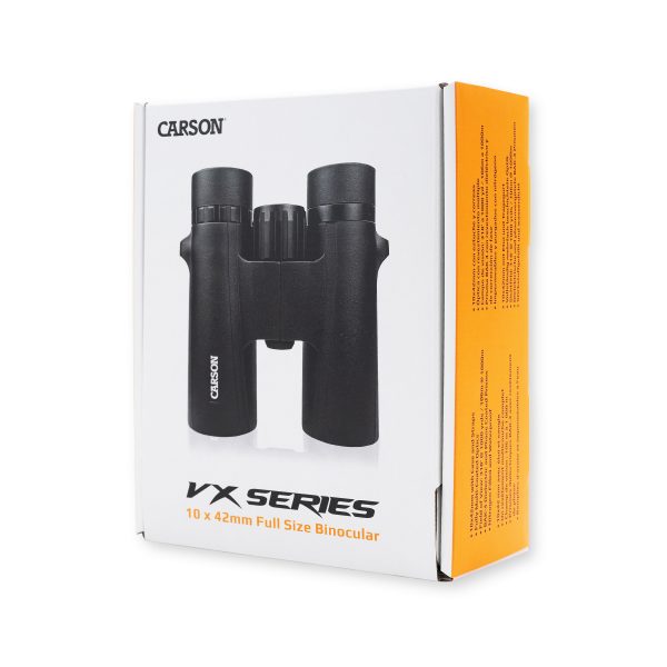 Carson VX Series 10x42 mm Full Size Binocular Package, Front and Side View, Binocular Specs, Included binocular accessories