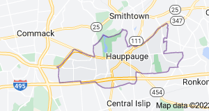 map centered on Hauppauge, Long Island NY