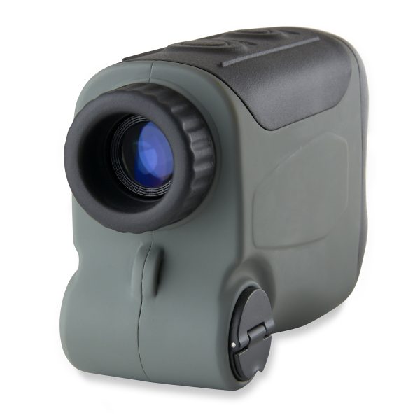 Carson RF-700 LiteWave Pro Laser Rangefinder product back view, Eyepiece, battery door and rubberized grip shown, LCD Display with pinseeker