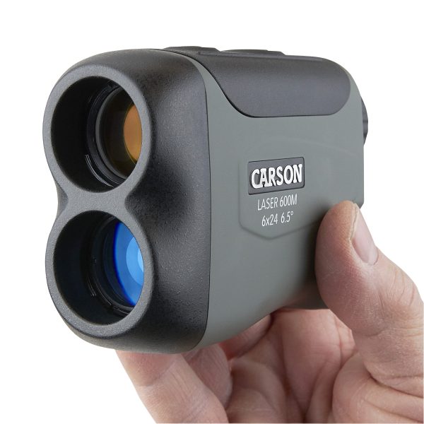 Carson RF-700 LiteWave Pro Range finder product angled front view, text ‘Carson Laser 600M 6x24 6.5’ printed on side of golf Rangefinder