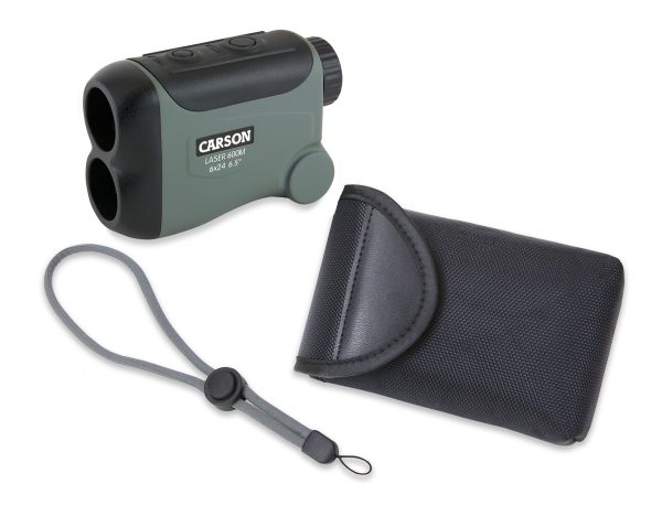 Carson RF-700 LiteWave Pro Golf Rangefinder with accessories, including carry strap and pouch, ‘Carson Laser 600M 6x24’ text on Rangefinder