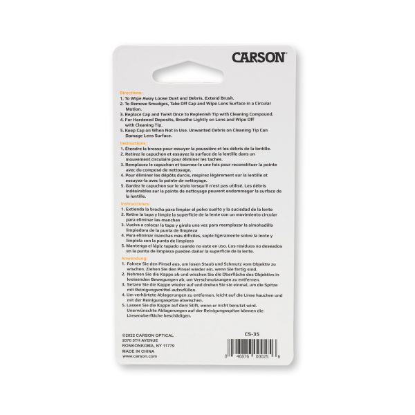 Verpackung Rückseite für Carson Optical Kompakter Objektiv-Reinigungsstift CS-35 mit Anleitung, Nylonbürste und Reinigungsspitze für eine optimale Reinigung