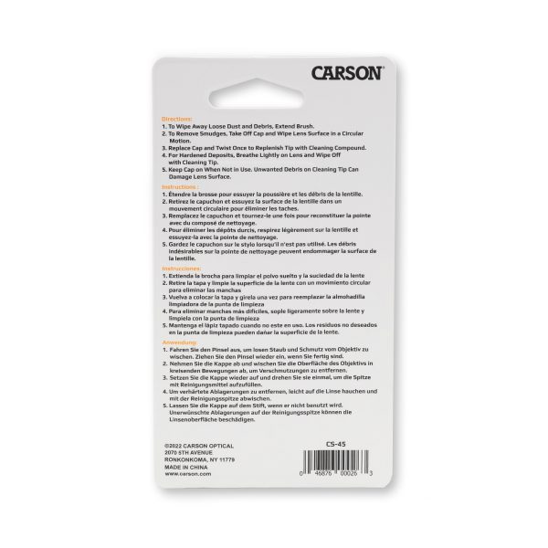 Packungsrückseite für Carson Optical Jumbo Objektivreinigungsstift CS-45 mit Anleitung, Nylonbürste und Reinigungsspitze für hochwertige Reinigung