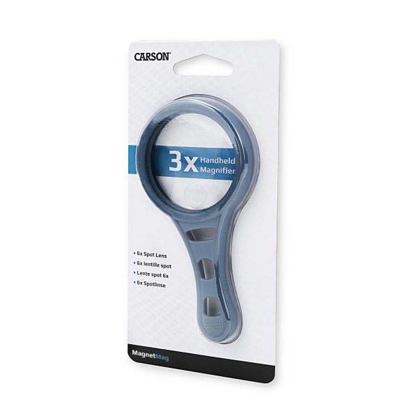 Carson MagnetMag Blue 3x Handheld Magnifier Packaging Angled Front View, Handle attaches to metal surfaces for convenient hands free use