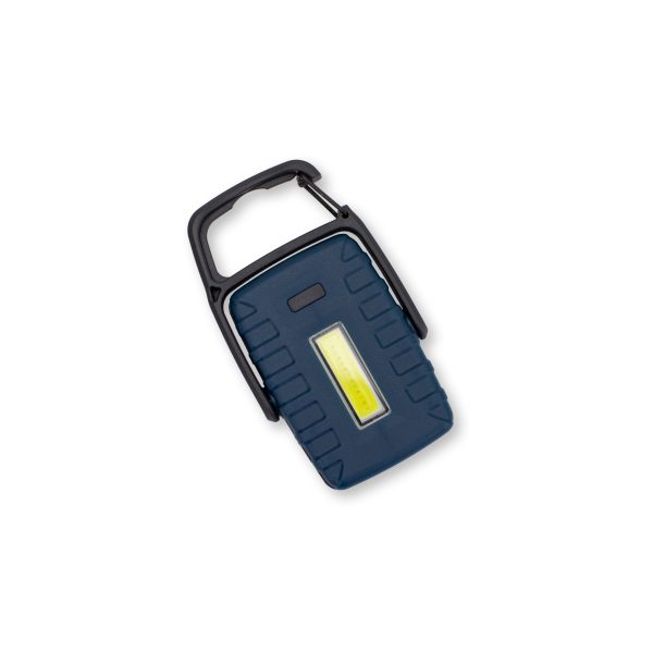 Carson LED-Taschenlampe mit Aufhängevorrichtung und Standfuß, Vorderansicht mit hellem COB-LED-Licht und Aufhängevorrichtung, mehrere Lichteinstellungen, Stroboskop, hoch und niedrig