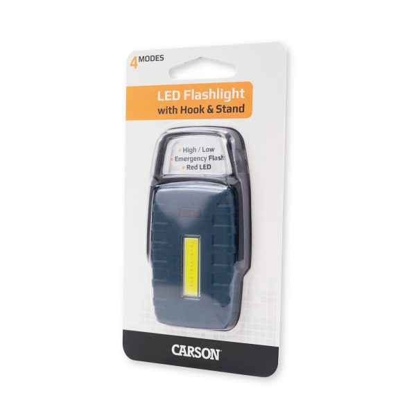 Carson LED-Taschenlampe mit Befestigungshaken und Standfuß, 4 Modi, hoher und niedriger Notblitz und rote LED, zuverlässige portable LED-Taschenlampe