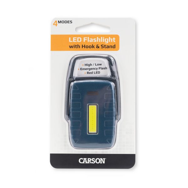 Carson LED-Taschenlampe mit Befestigungshaken und Standfuß, 4 Modi, Notfallblitz hoch niedrig und rote LED, effektiv helle LED-Taschenlampe