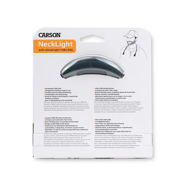 Dos de l'emballage de la Carson Neck Light, réglages de la luminosité, bras flexibles à positionner, confortable, pour la maison, la réparation automobile, l'inspection ou les loisirs