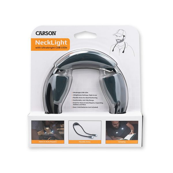Vista frontal del empaque de Luz de cuello Carson NL-20 con paquete LED COB ultrabrillante, brazos flexibles, cómodo, ideal para mecánicos, para pasatiempos, luz para acampar