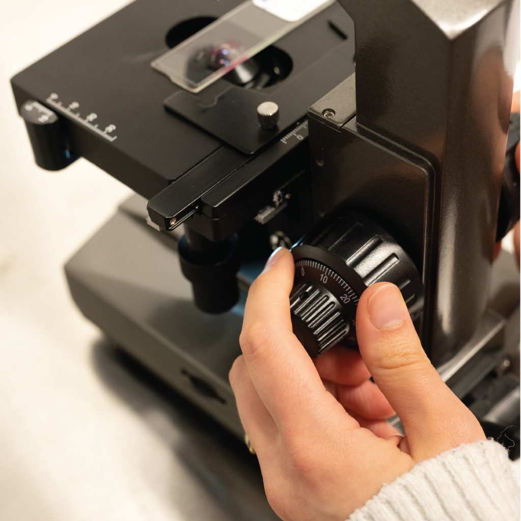 biology scientist using compound microscope focus knob to illuminate specimen in high resolution, microscope condenser light source