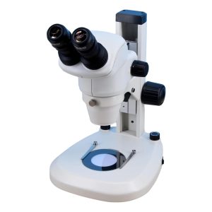 stereo microscope diagram, microscope with adjustable zoom magnification to view small details, built in light source for bright even light