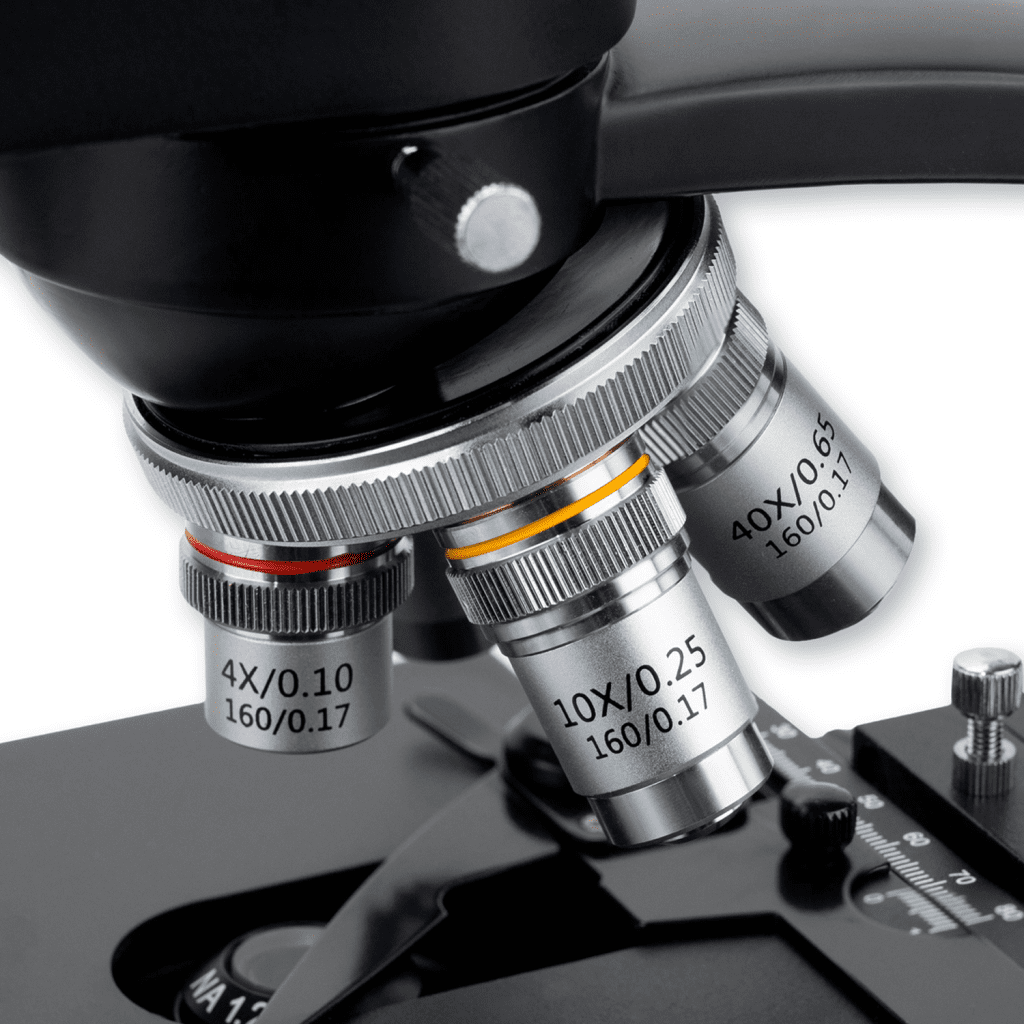 compound microscope objective lenses, microscope lens turret, objective lens magnification, microscope turret, numerical aperture