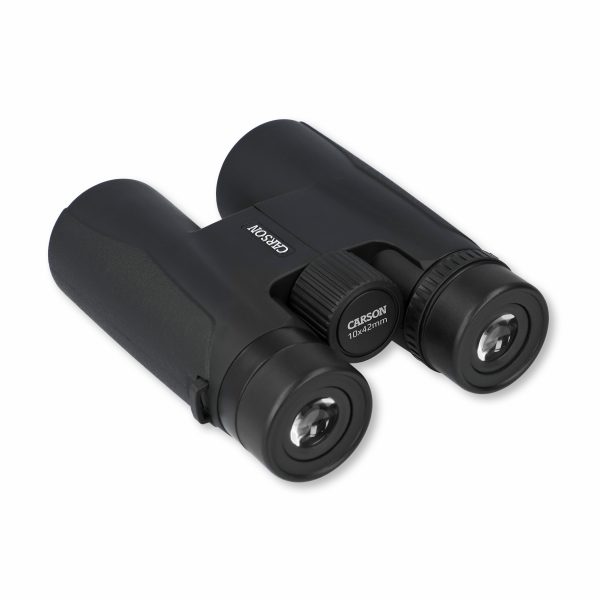 Carson Makalu Full Size Binoculars for bird watching angled view, Binocular eyecups and center focus, binocular objective lens