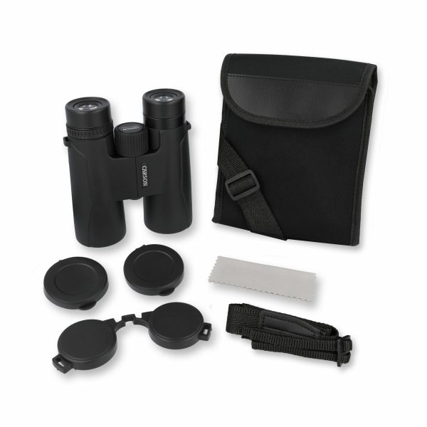 Carson Makalu binocular accessories, protective binocular case, binocular lens caps, case strap, binocular neck strap, microfiber cloth