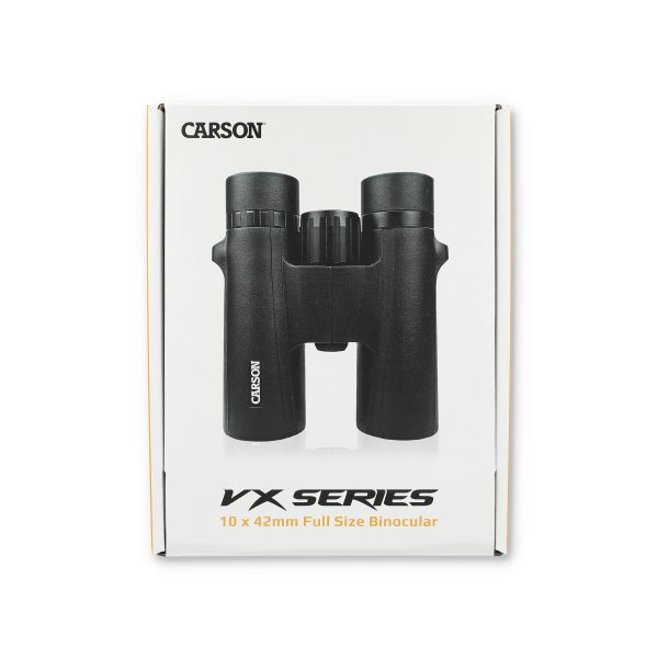 Carson VX Series high quality binoculars package, Front View with lightweight binoculars displayed