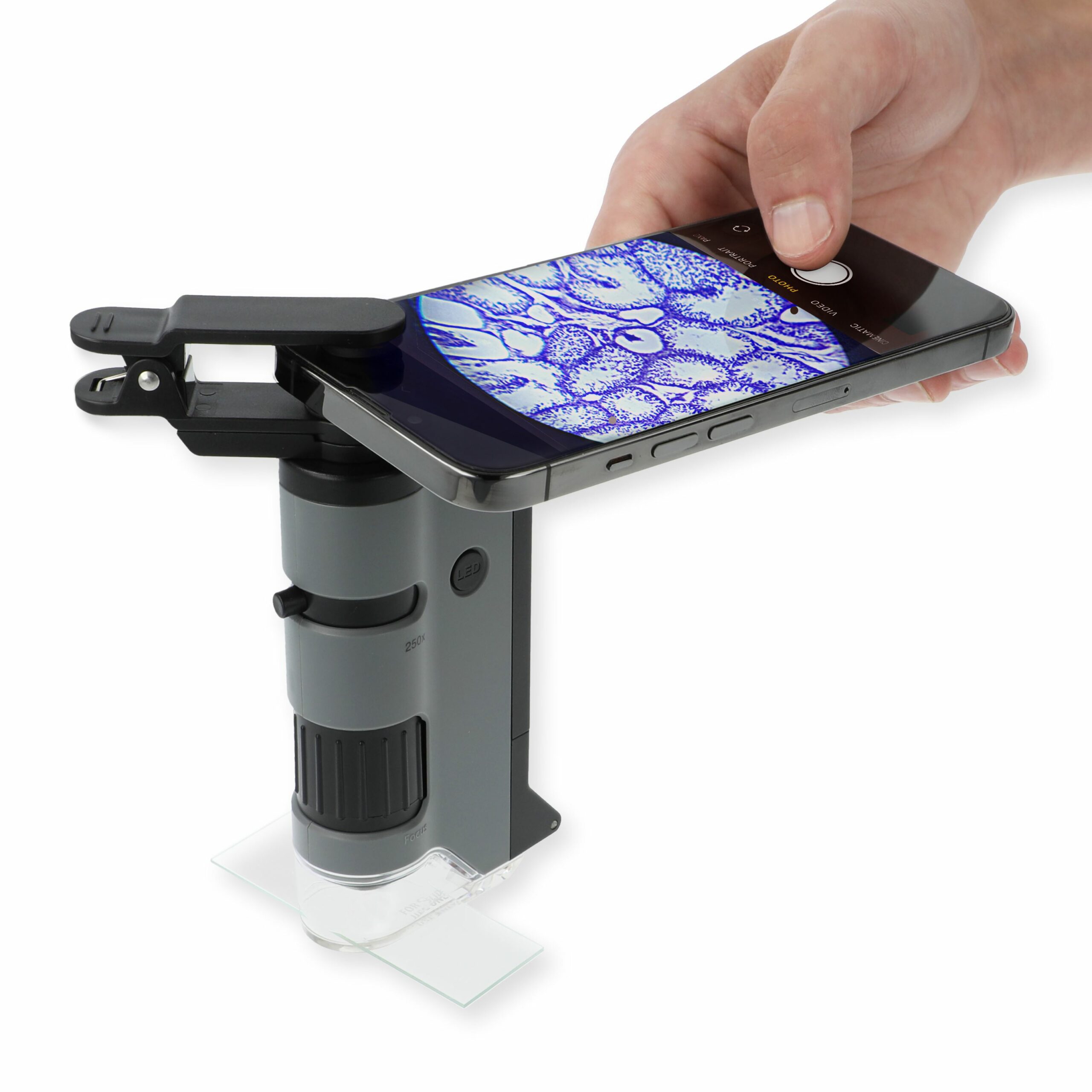 MicroFlip™ 100x-250x LED UV Pocket Microscope with Smartphone Clip