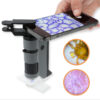 main image for the product mp-250, person holding a phone above the microscope looking at a zoomed image of the objects below the microscope